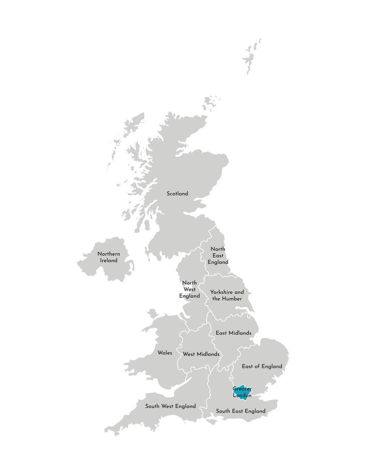 vector geïsoleerd illustratie van vereenvoudigd administratief kaart van de Verenigde koninkrijk, uk. blauw vorm van groter Londen. borders en namen van de Regio's. grijs silhouetten. wit schets.