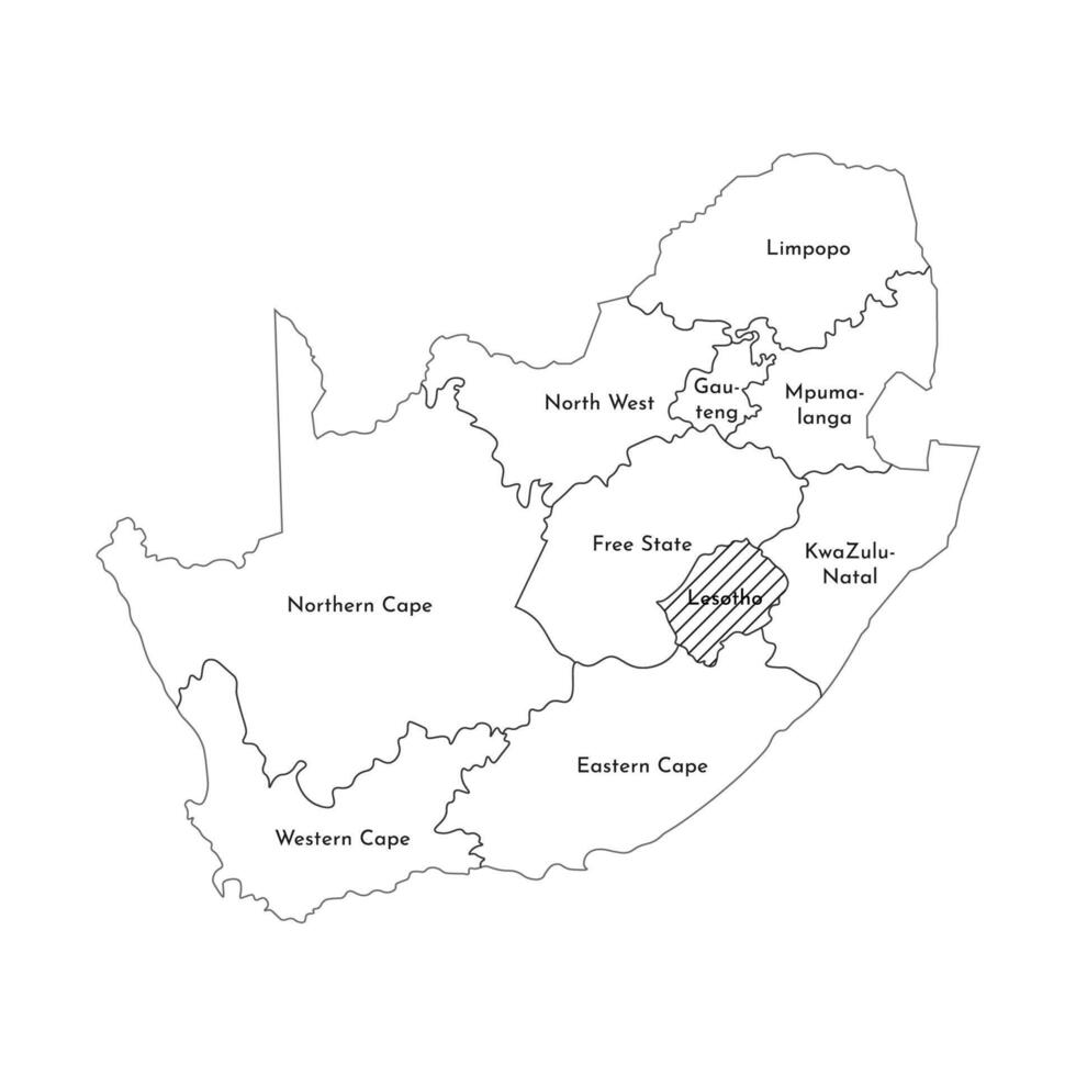 vector geïsoleerd illustratie van vereenvoudigd administratief kaart van zuiden Afrika. borders en namen van de Regio's. zwart lijn silhouetten.