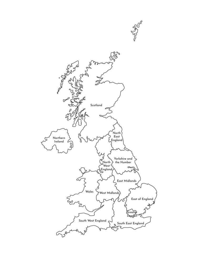 vector geïsoleerd illustratie van vereenvoudigd administratief kaart van de Verenigde koninkrijk van Super goed Brittannië en noordelijk Ierland. borders en namen van de Regio's. zwart lijn silhouetten.