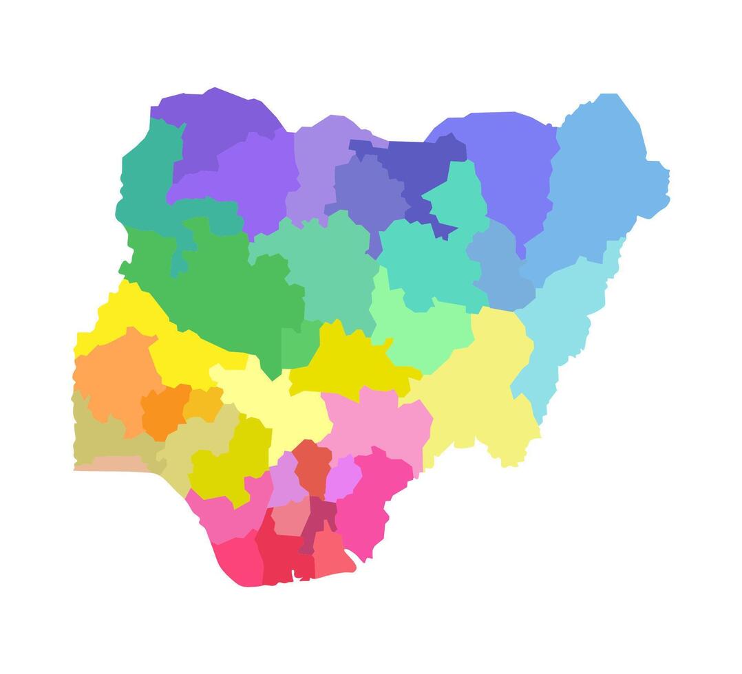 vector geïsoleerd illustratie van vereenvoudigd administratief kaart van nigeria. borders van de Regio's. multi gekleurde silhouetten.