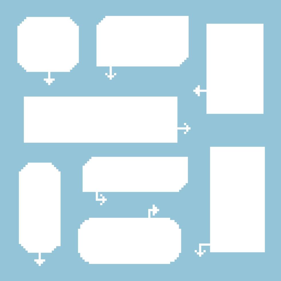 verzameling reeks van retro spel 8 bit pixel toespraak bubbel ballon zwart en wit kleur met pijl punt, vlak ontwerp vector illustratie