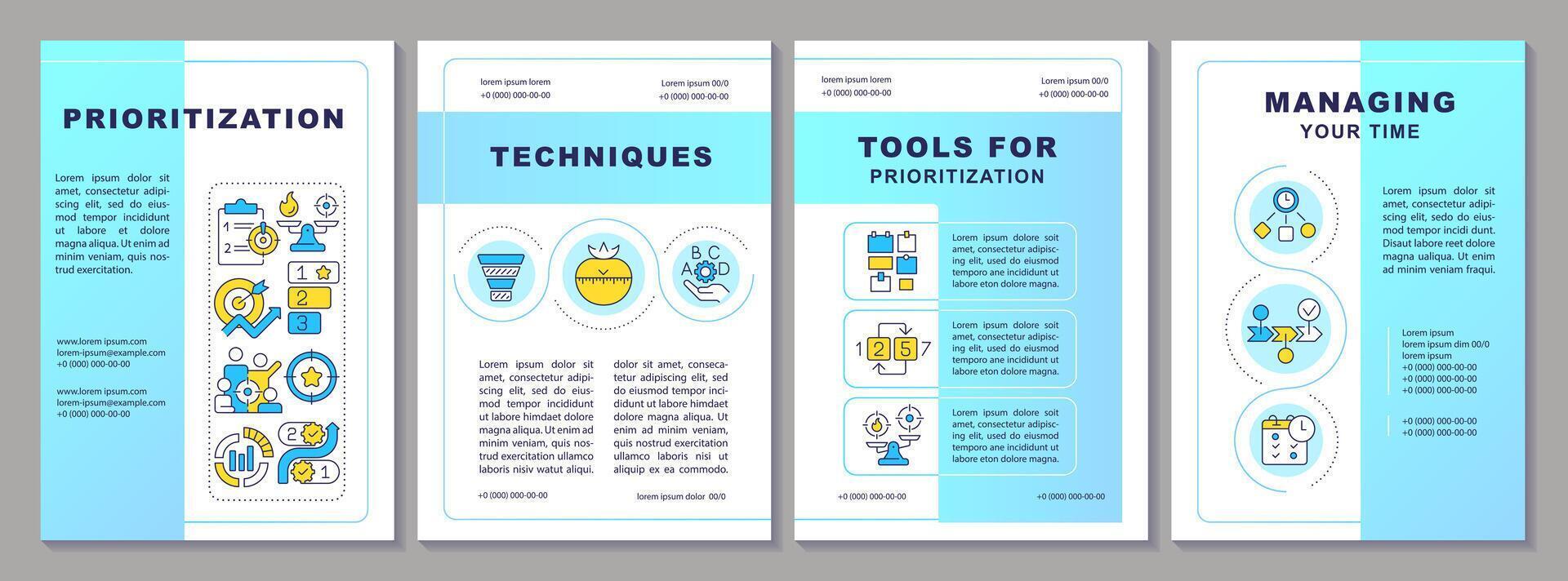 prioritering technieken brochure sjabloon. tijd beheer. brochure ontwerp met lineair pictogrammen. bewerkbare 4 vector indelingen voor presentatie, jaar- rapporten