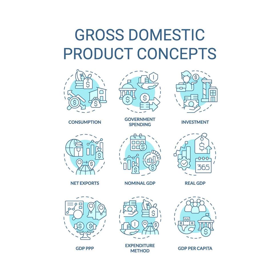 bruto huiselijk Product zacht blauw concept pictogrammen. nationaal economisch. regering besteden. goederen en Diensten. icoon pak. vector afbeeldingen. ronde vorm illustraties voor brochure, boekje. abstract idee