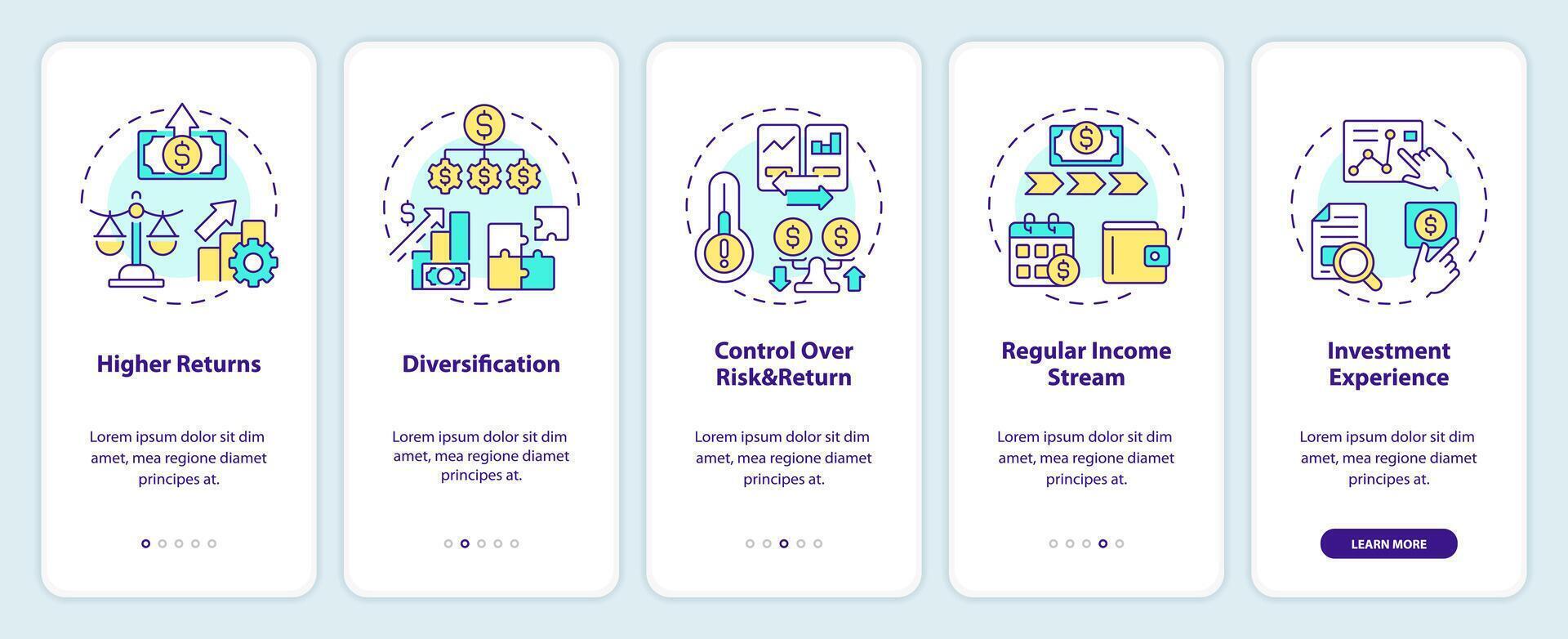 p2p kredietverlening onboarding mobiel app scherm. geld voor investeerders walkthrough 5 stappen bewerkbare grafisch instructies met lineair concepten. ui, ux, gui sjabloon vector