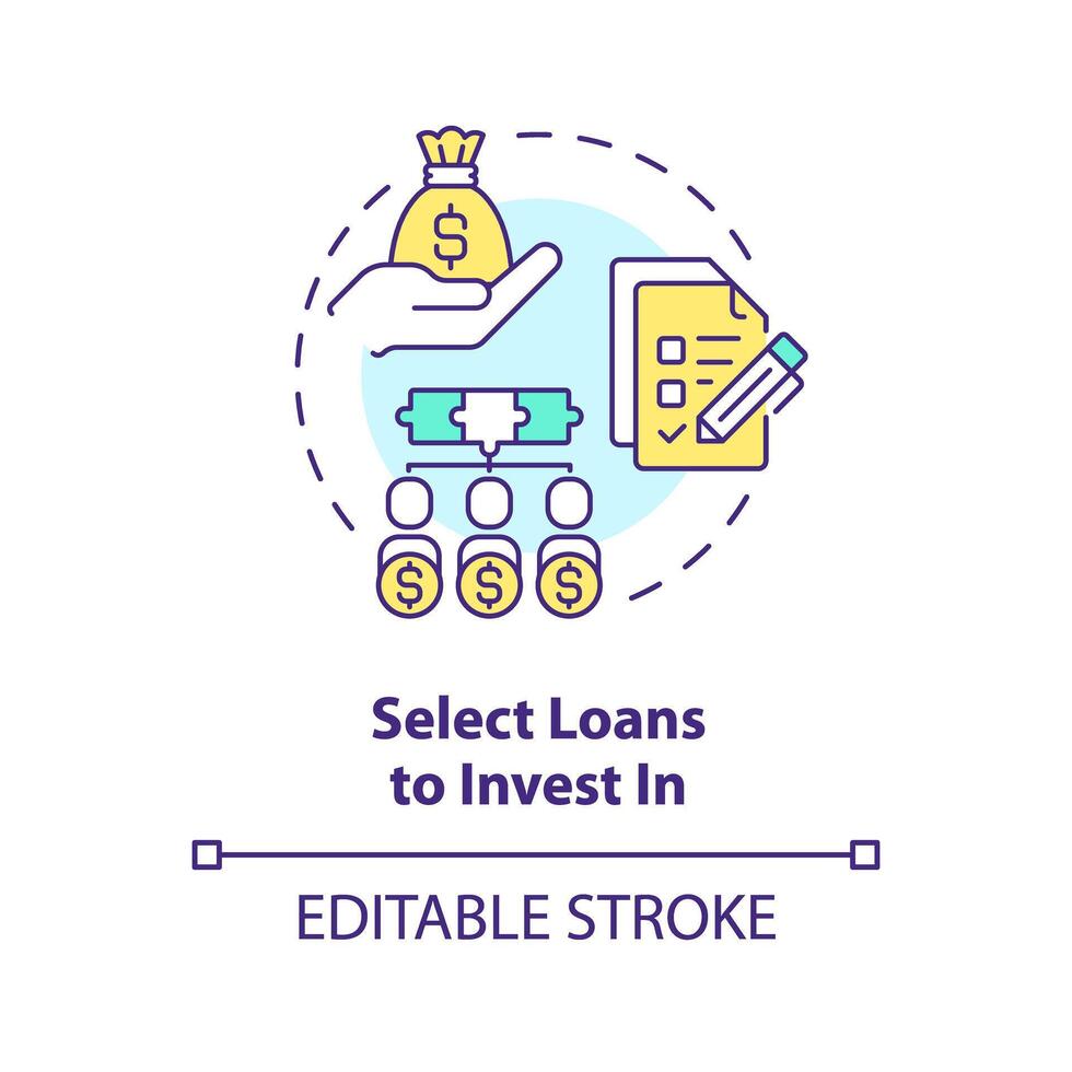 selecteer leningen naar investeren in multi kleur concept icoon. Kiezen leningen naar fonds. Peer naar peer uitlenen. investering. ronde vorm lijn illustratie. abstract idee. grafisch ontwerp. gemakkelijk naar gebruik in afzet vector