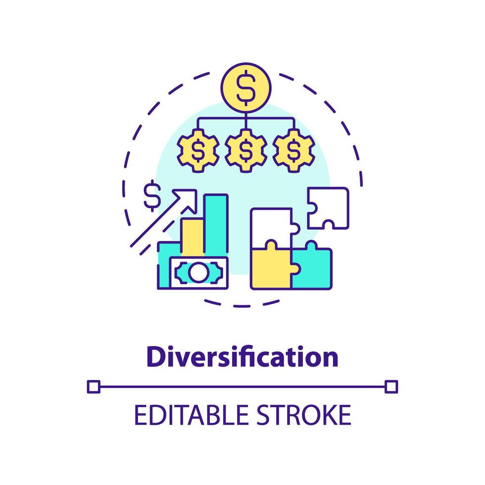 diversificatie multi kleur concept icoon. investering strategie. risico verzachting techniek. investeren in p2p leningen. ronde vorm lijn illustratie. abstract idee. grafisch ontwerp. gemakkelijk naar gebruik in afzet vector