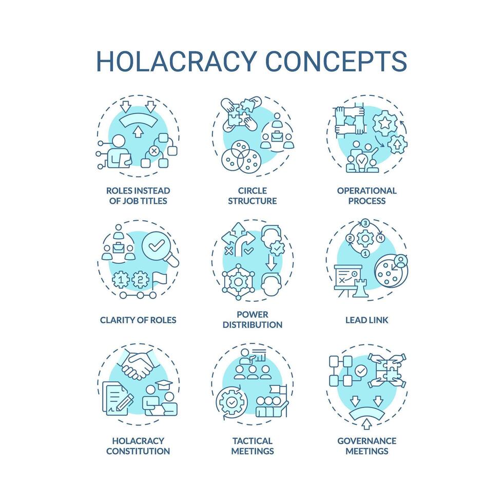 holacratie structuur zacht blauw concept pictogrammen. macht verdeling. operationeel werkwijze. bestuur vergaderingen. icoon pak. vector afbeeldingen. ronde vorm illustraties voor promotionele materiaal. abstract idee