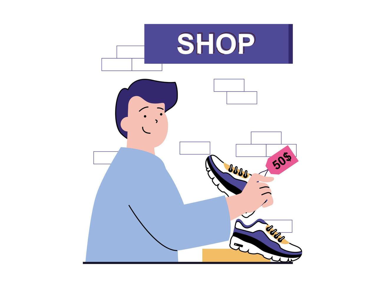 boodschappen doen concept met karakter situatie. klant koopt sportschoenen in op te slaan. Mens kiest sport- schoenen in schoen afdeling van boetiek. vector illustratie met mensen tafereel in vlak ontwerp voor web