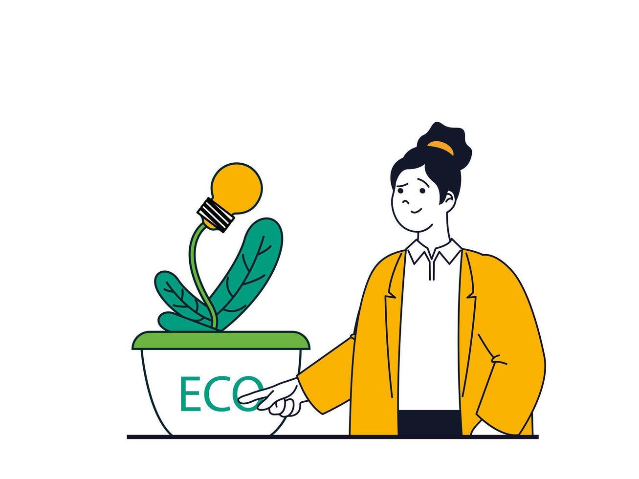 groen energie concept met karakter situatie. vrouw toepassingen alternatief en ecologisch energie bron naar genereren elektriciteit, beschermen natuur. vector illustratie met mensen tafereel in vlak ontwerp voor web