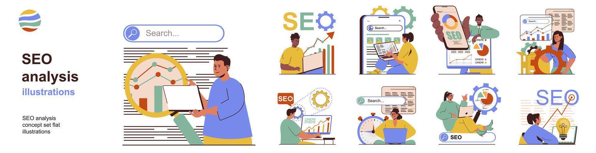 seo analyse concept met karakter situaties verzameling. bundel van scènes mensen studie en optimaliseren zoeken vraag statistieken, trefwoorden en website verkeer. vector illustraties in vlak web ontwerp