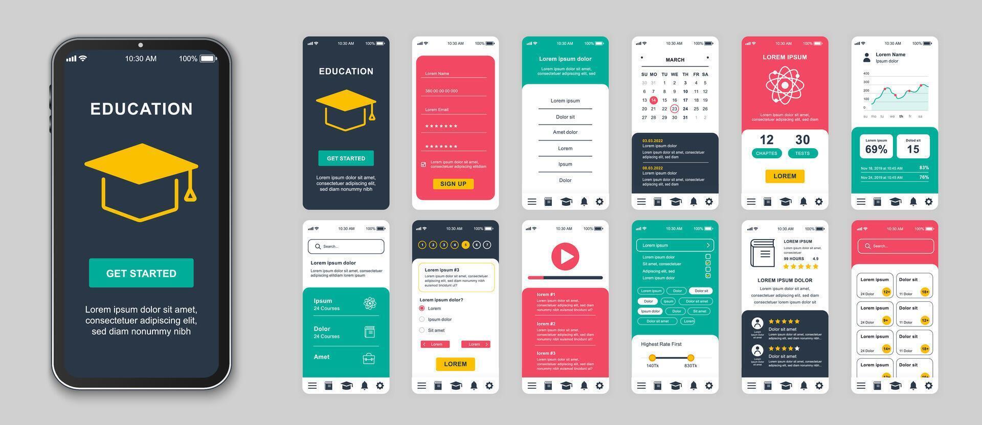 onderwijs mobiel app schermen reeks voor web Sjablonen. pak van leerling Log in, kalender, video lessen, statistieken van vooruitgang en andere modellen. ui, ux, gui gebruiker koppel uitrusting voor lay-outs. vector ontwerp