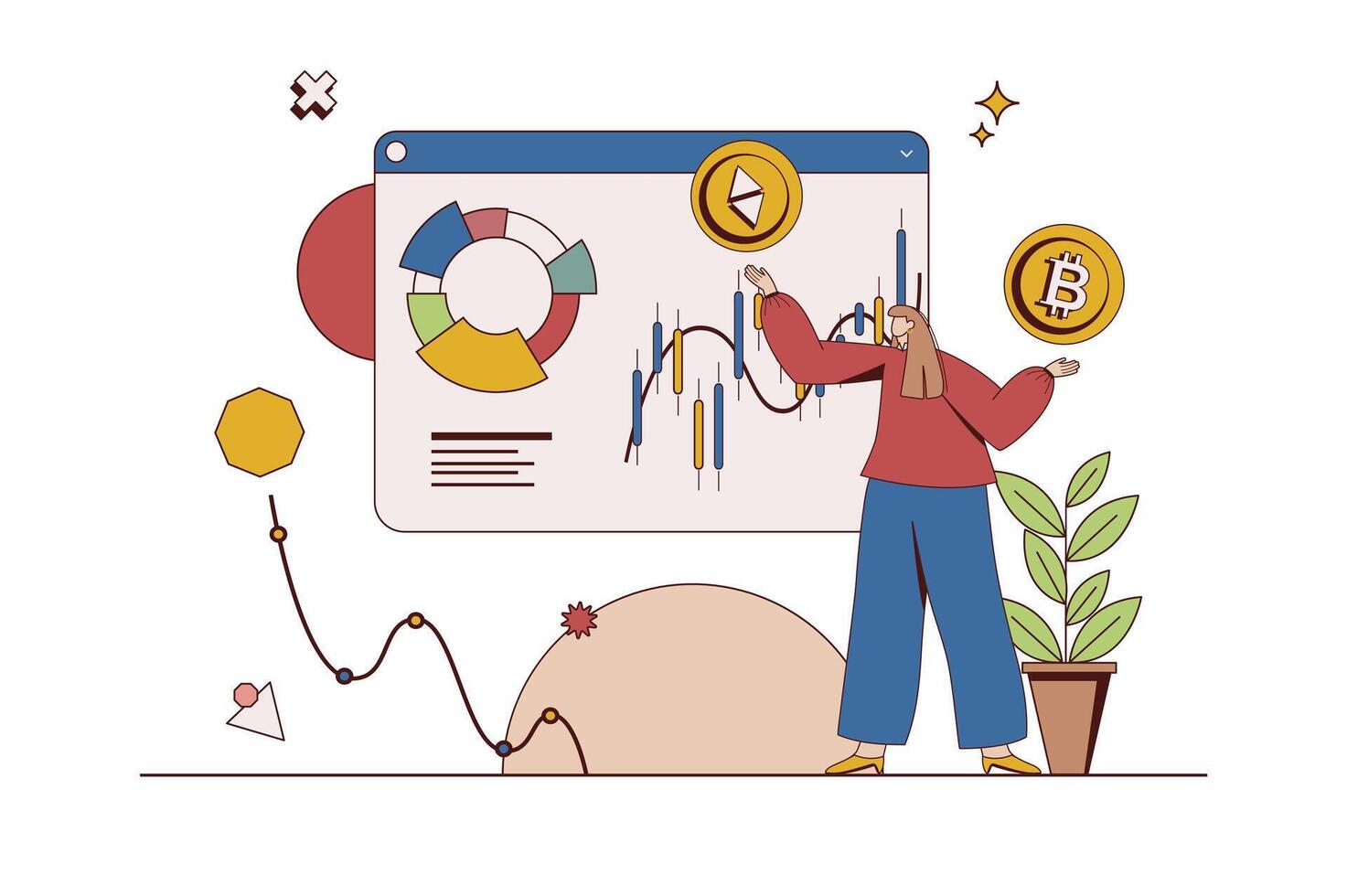 crypto markt concept met karakter situatie in vlak ontwerp. vrouw analyses gegevens van verschillend online uitwisselingen en beheert cryptogeld portemonnees. vector illustratie met mensen tafereel voor web