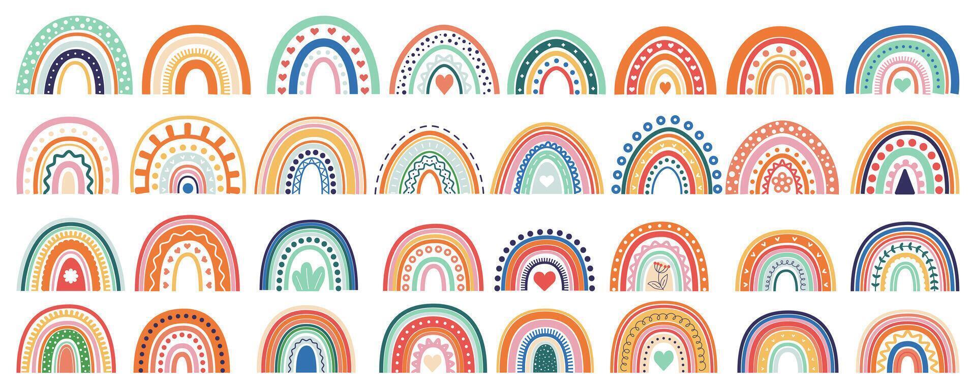 zomer regenbogen mega reeks in vlak grafisch ontwerp. bundel elementen van abstract schattig regenbogen met ornamenten in Scandinavisch en boho tekening stijl voor decoraties. vector illustratie geïsoleerd voorwerpen