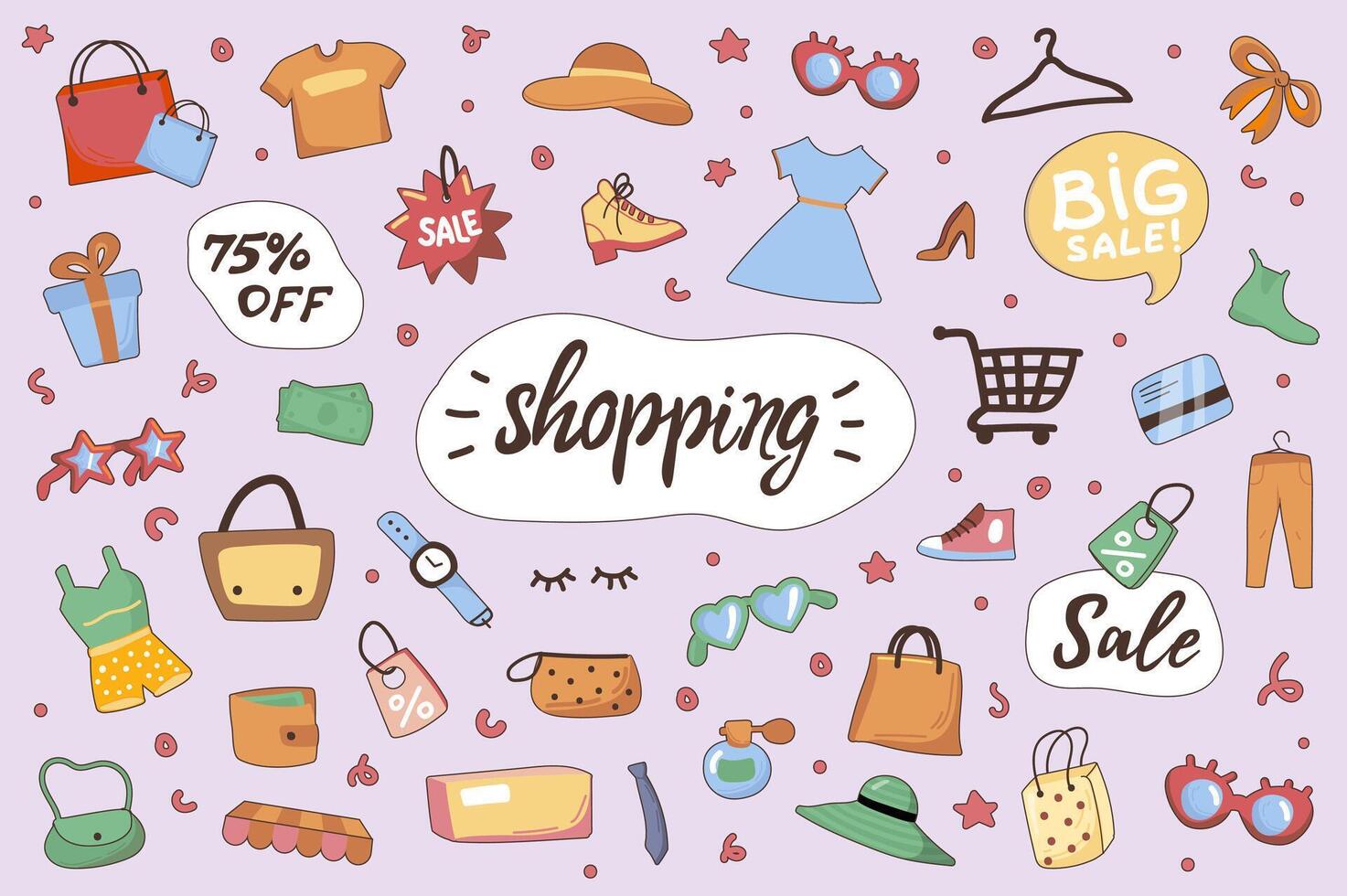 boodschappen doen schattig stickers reeks in vlak tekenfilm ontwerp. verzameling van kleren, jurk, schoenen, tas, hoed, parfum, korting, label, credit kaart en ander. vector illustratie voor ontwerper of organisator sjabloon