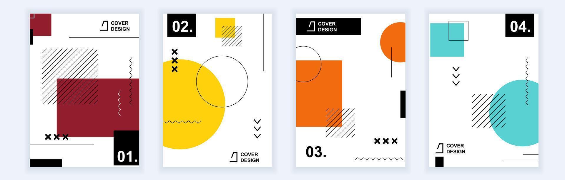 abstract brochure covers reeks in modern minimaal meetkundig ontwerp. Memphis stijl achtergrond Sjablonen met kleuren cirkels, pleinen en grafisch lijnen en roosters structuur in a4 formaat. vector illustratie