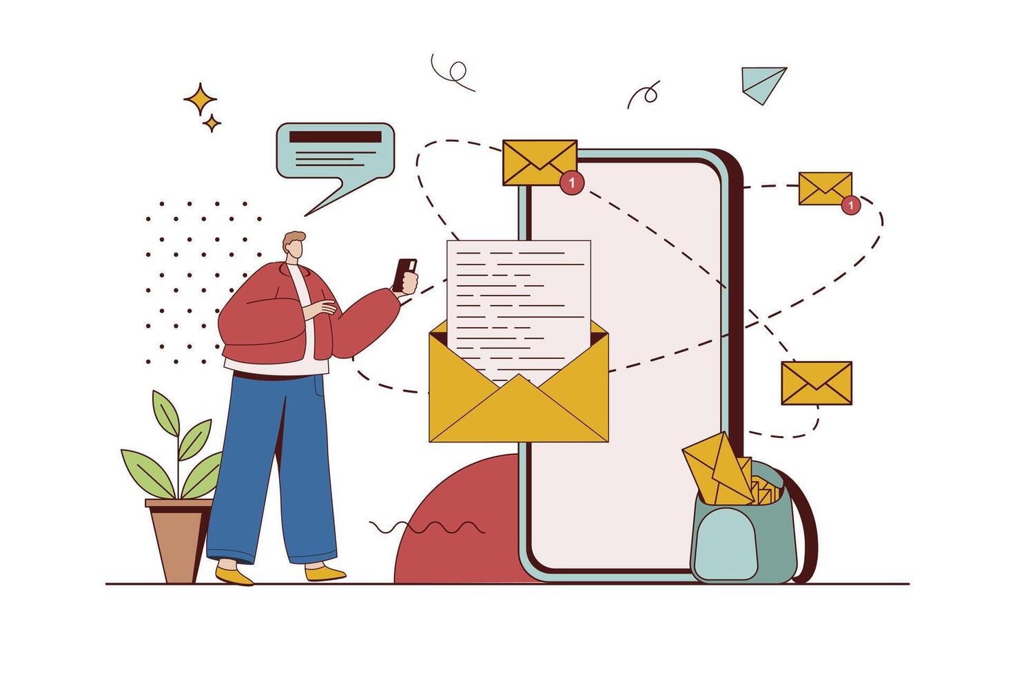 mobiel e-mail onderhoud concept met karakter situatie in vlak ontwerp. Mens lezing promotionele mails en Bezig met verzenden online brieven gebruik makend van mobiel sollicitatie. vector illustratie met mensen tafereel voor web