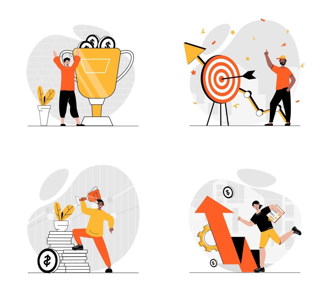 bedrijf succes concept met karakter set. verzameling van scènes mensen toenemen bedrijf omzet Bij grafieken, bereiken doelen en doelwit doel, winnen goud trofee. vector illustraties in vlak web ontwerp