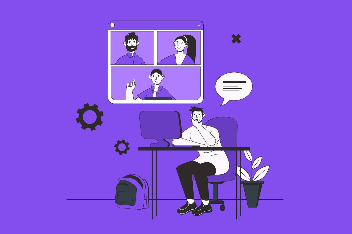 video conferentie web concept met karakter tafereel in vlak ontwerp. mensen pratend en bespreken taken via video telefoongesprek, werken afstand Bij chatten. vector illustratie voor sociaal media afzet materiaal.