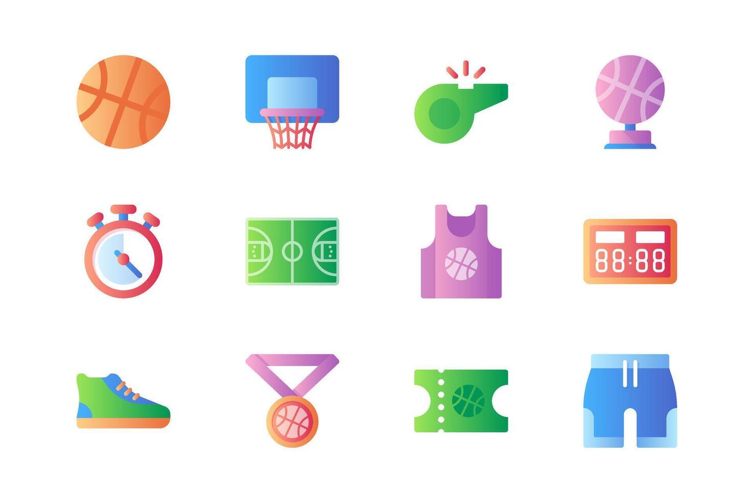 basketbal pictogrammen reeks in kleur vlak ontwerp. pak van bal, mand, fluit, beker, stopwatch, veld, sportkleding, scorebord, sportschoenen, winnen medaille en ander. vector pictogrammen voor web sites en mobiel app