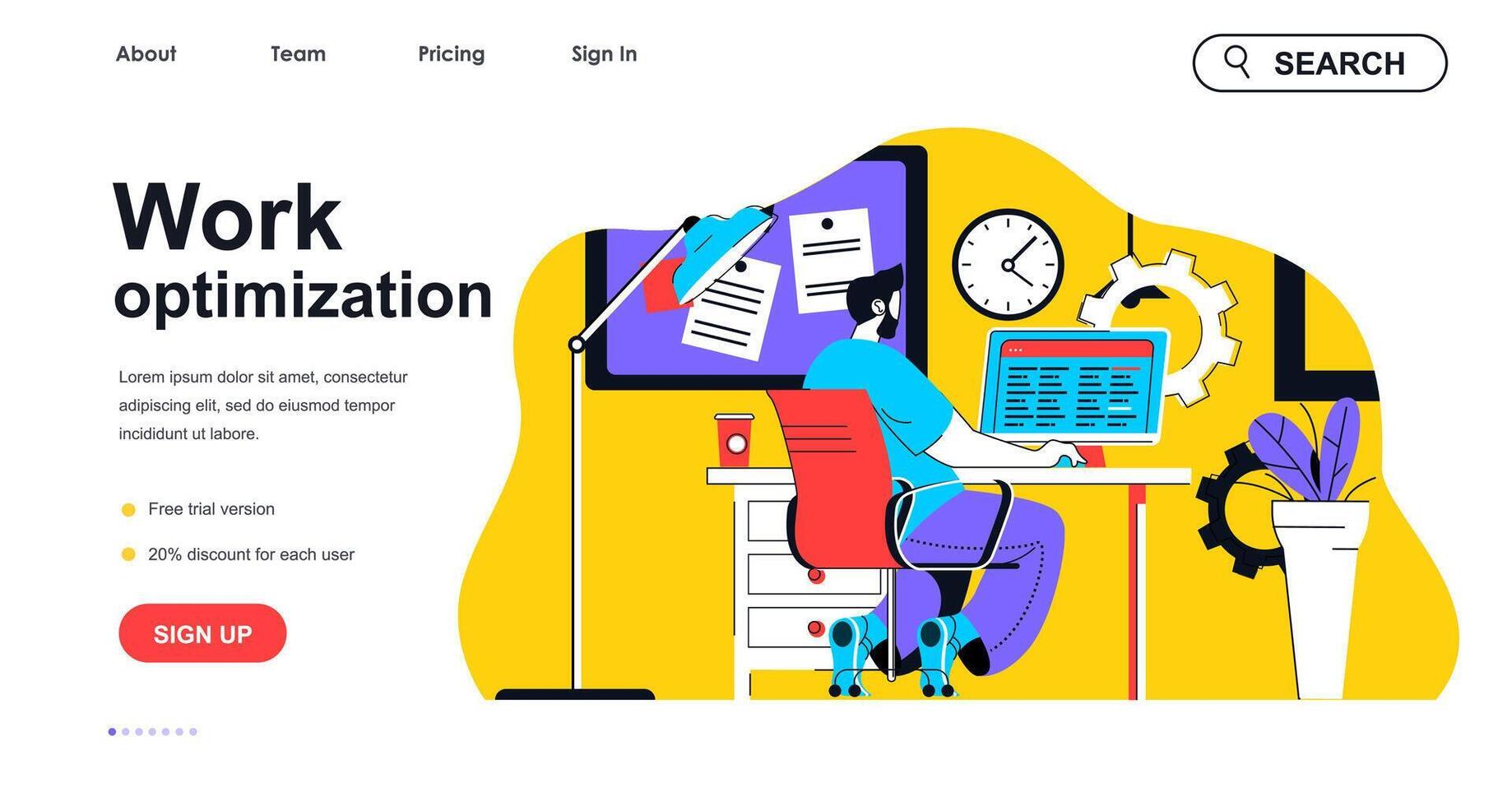 werk optimalisatie concept voor landen bladzijde sjabloon. Mens creëert schema en planning workflow processen. tijd beheer mensen tafereel. vector illustratie met vlak karakter ontwerp voor web banier