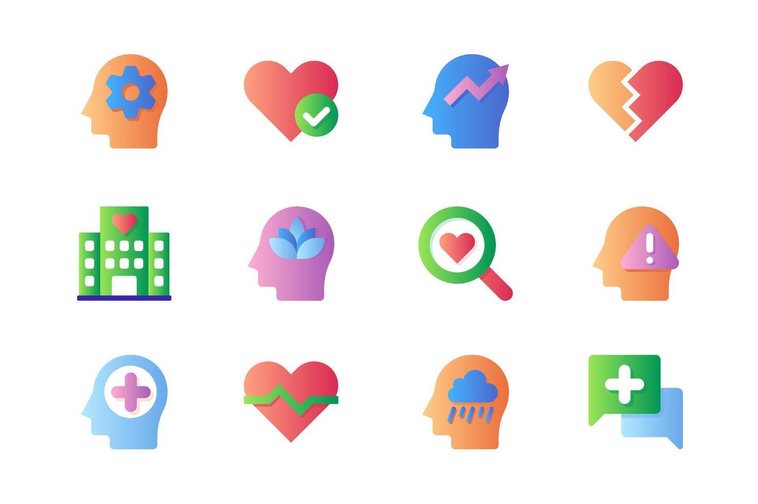 mentaal Gezondheid pictogrammen reeks in kleur vlak ontwerp. pak van denken, menselijk hoofd, liefde gevoel, psychologie probleem, werkwijze therapie, hart breken en ander. vector pictogrammen voor web sites en mobiel app