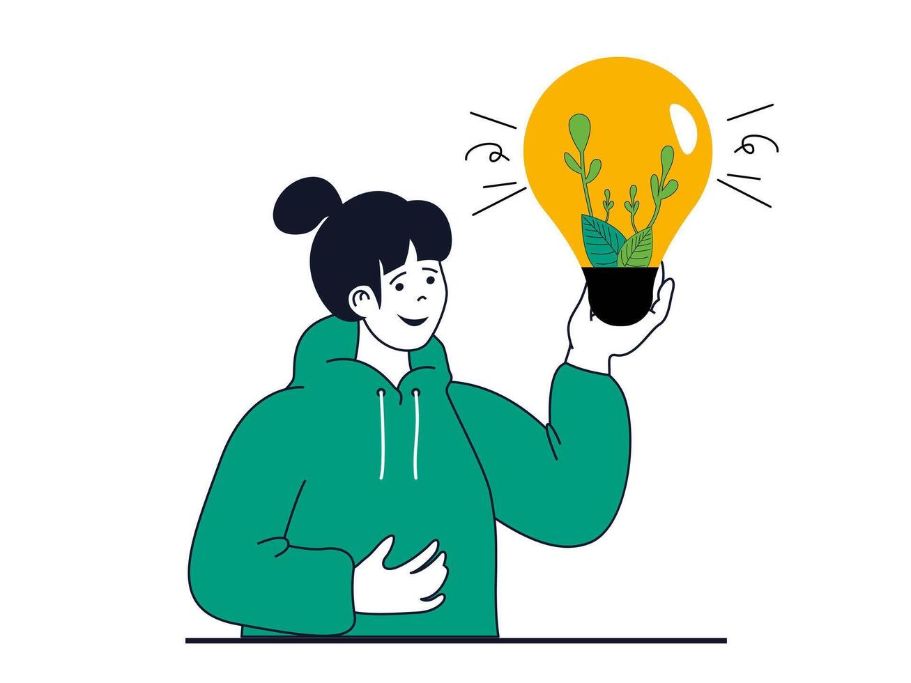 groen energie concept met karakter situatie. vrouw Holding licht lamp met groen bladeren, eco vriendelijk technologie en natuur behoud. vector illustratie met mensen tafereel in vlak ontwerp voor web