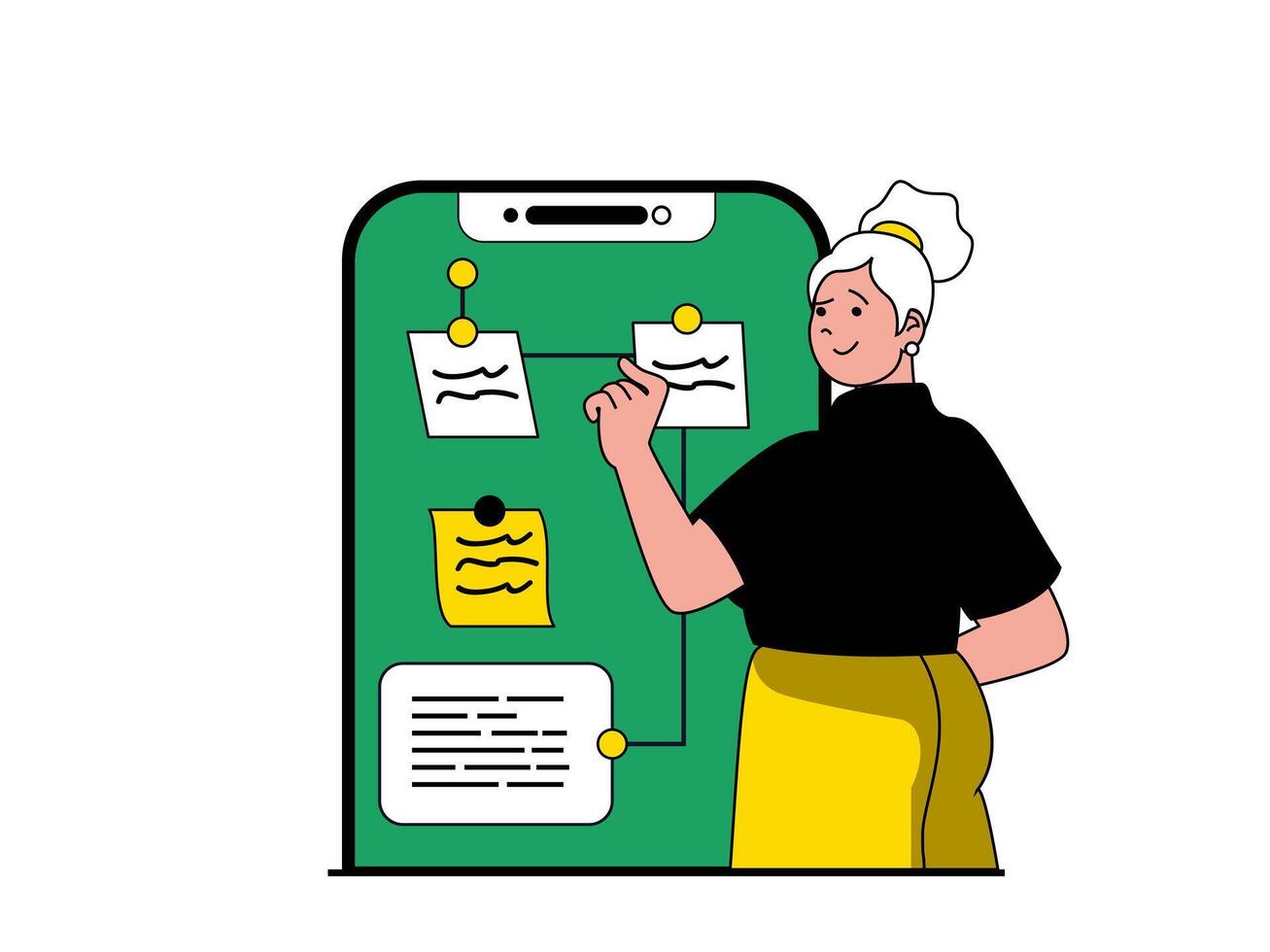 produktiviteit werkplaats concept met karakter situatie. vrouw organiseert workflow en processen, creëert aantekeningen gebruik makend van mobiel sollicitatie. vector illustratie met mensen tafereel in vlak ontwerp voor web