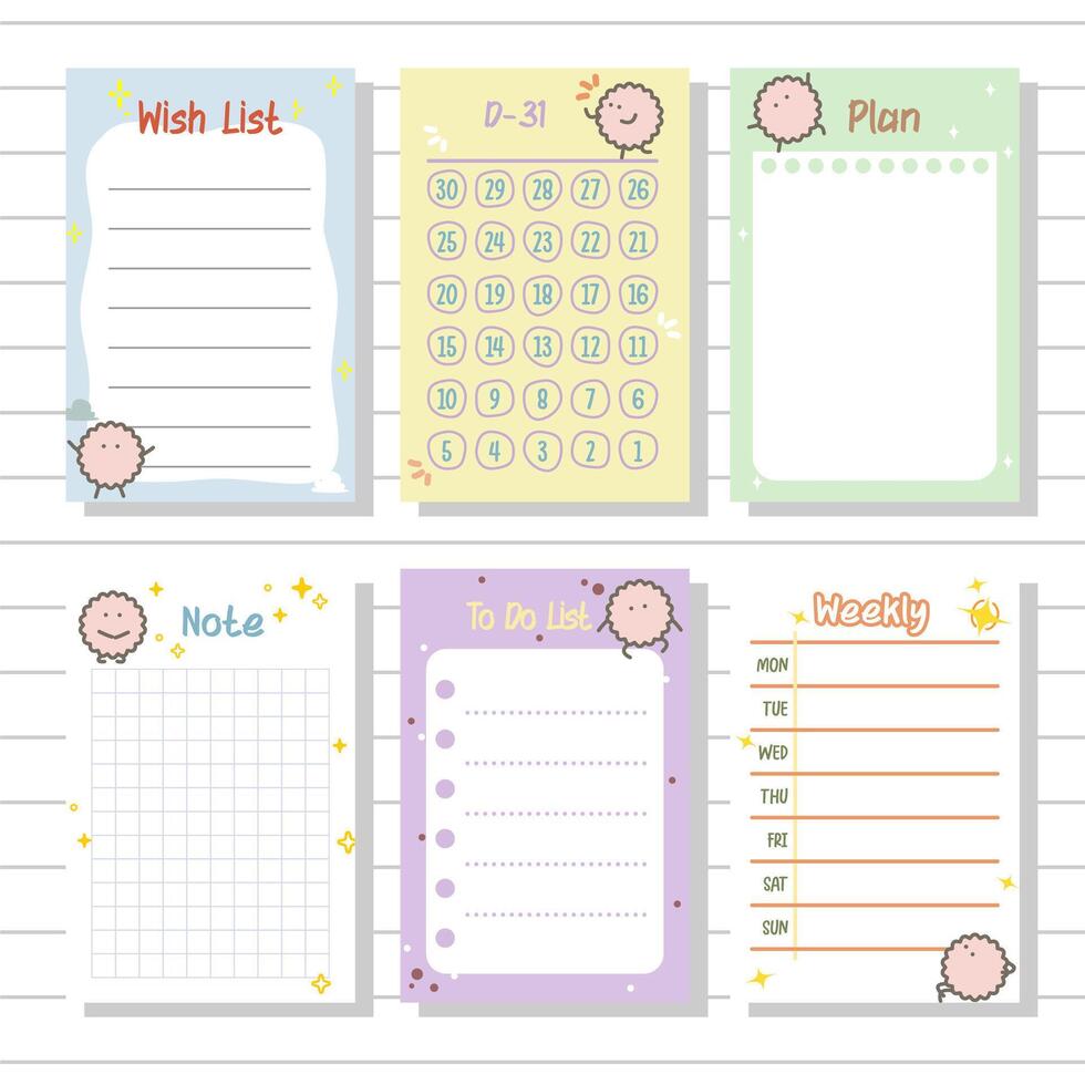 kladblok serie wens lijst, wekelijks, planner, aantekeningen of memo voor stationair en logboek verzameling reeks vector