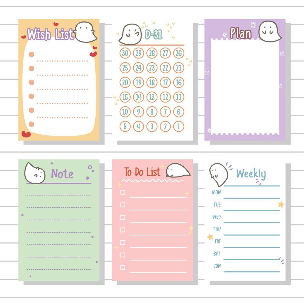 kladblok serie wens lijst, wekelijks, planner, aantekeningen of memo voor stationair en logboek verzameling reeks vector