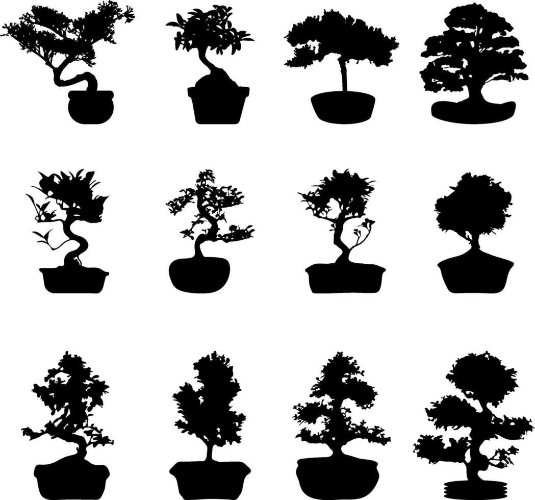 bonsai boom fabriek silhouet pictogrammen Aan wit achtergrond, zwart silhouet van bonsai gedetailleerd beeld vector illustratie