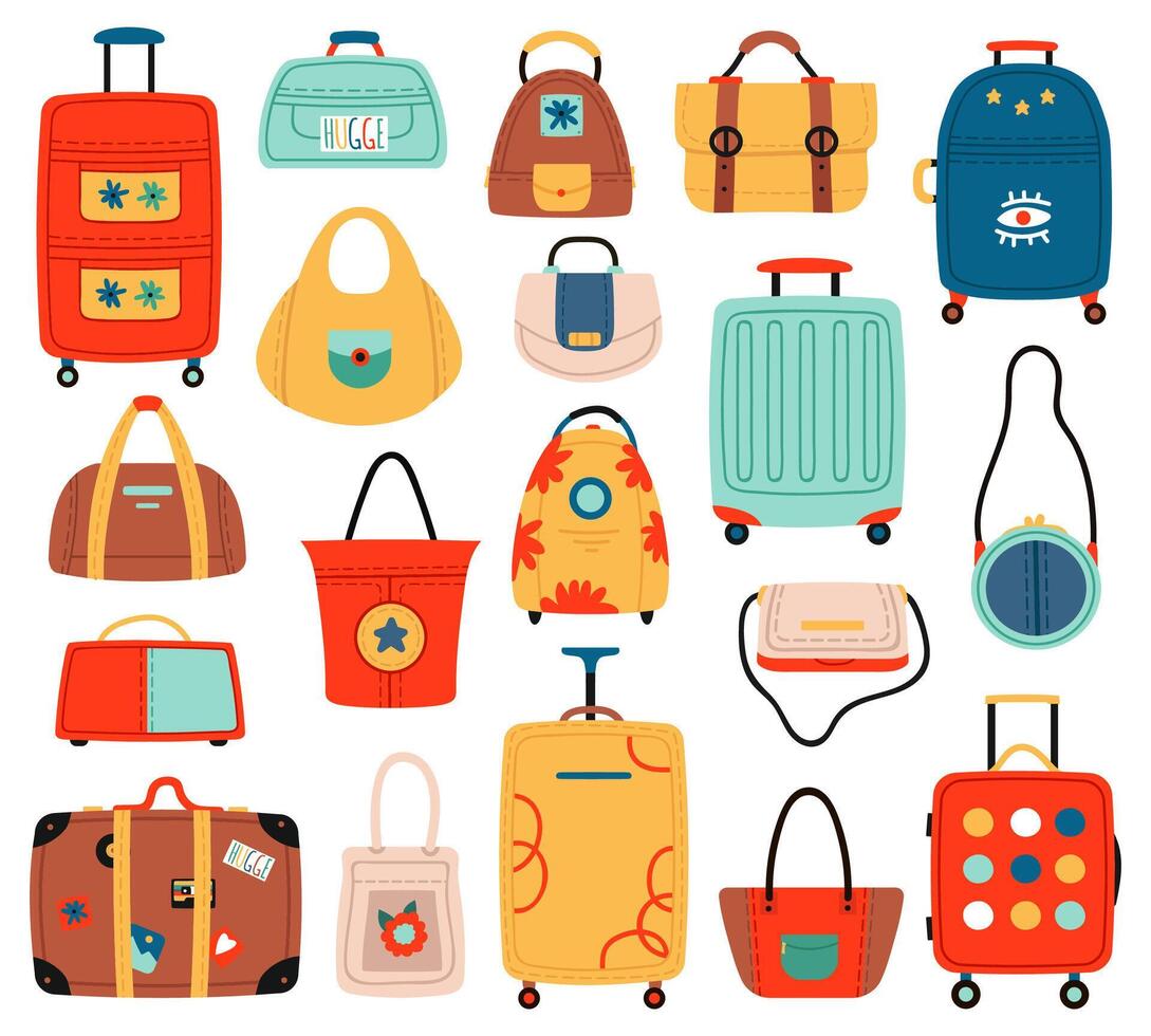 reizen Tassen. omgaan met reizen bagage tas, koffer en mode Dames handtassen, toerisme boodschappen doen tas. bagage handtassen vector illustratie reeks