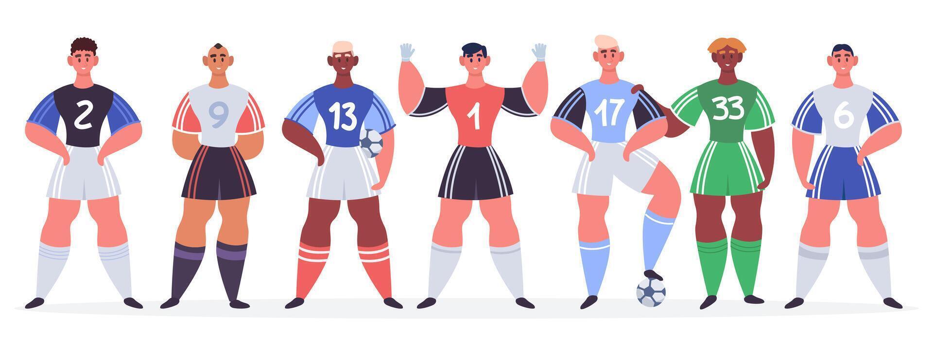 mannetje voetbal team. Amerikaans voetbal spelers staan in rij, Amerikaans voetbal professioneel sporters tekens keeper, spits, verdediger vector illustratie reeks