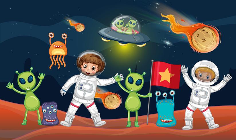 Ruimtethema met twee astronauten en vele aliens vector