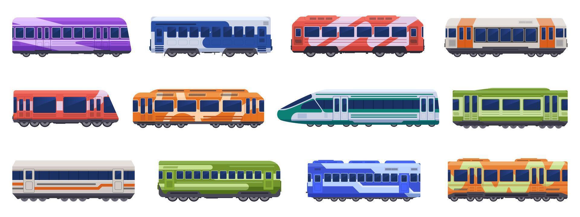 metro passagier treinen. hoog snelheid treinen, metro grond, ondergronds vervoer. passagier vervoer voertuigen vector illustratie pictogrammen reeks