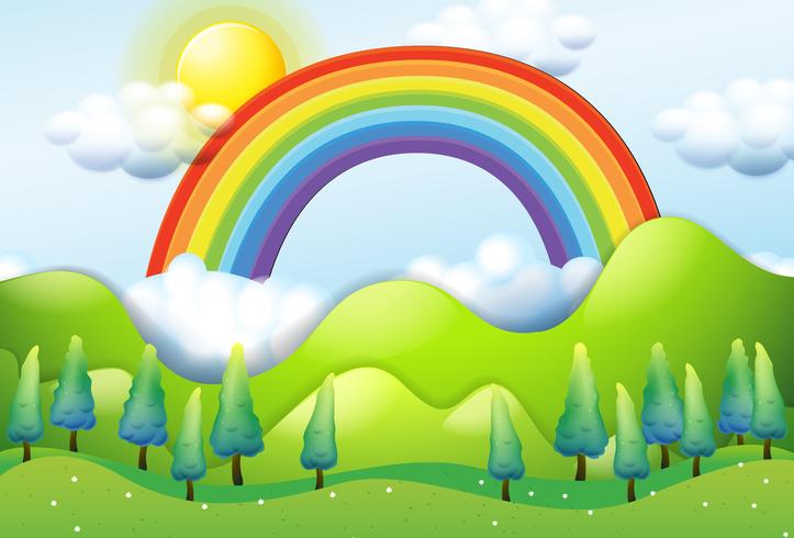 Prachtige groene berg en regenboog vector