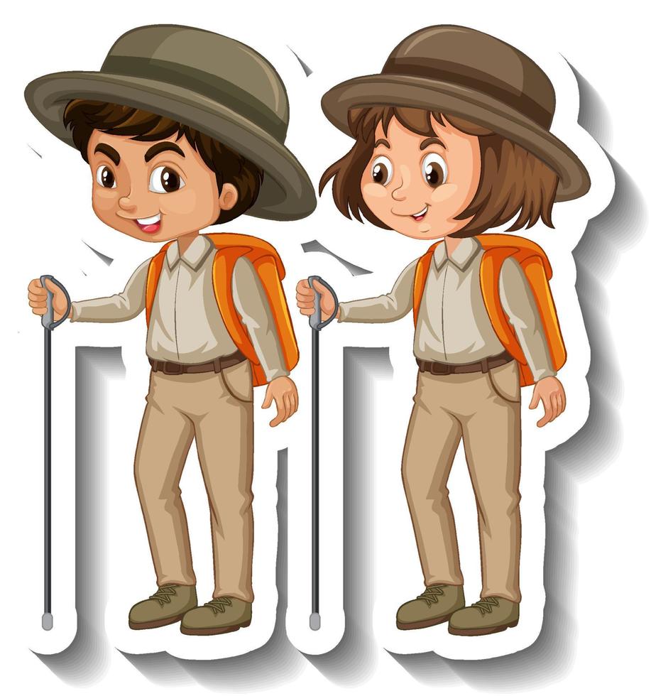 paar kinderen dragen safari-outfit stripfiguursticker vector