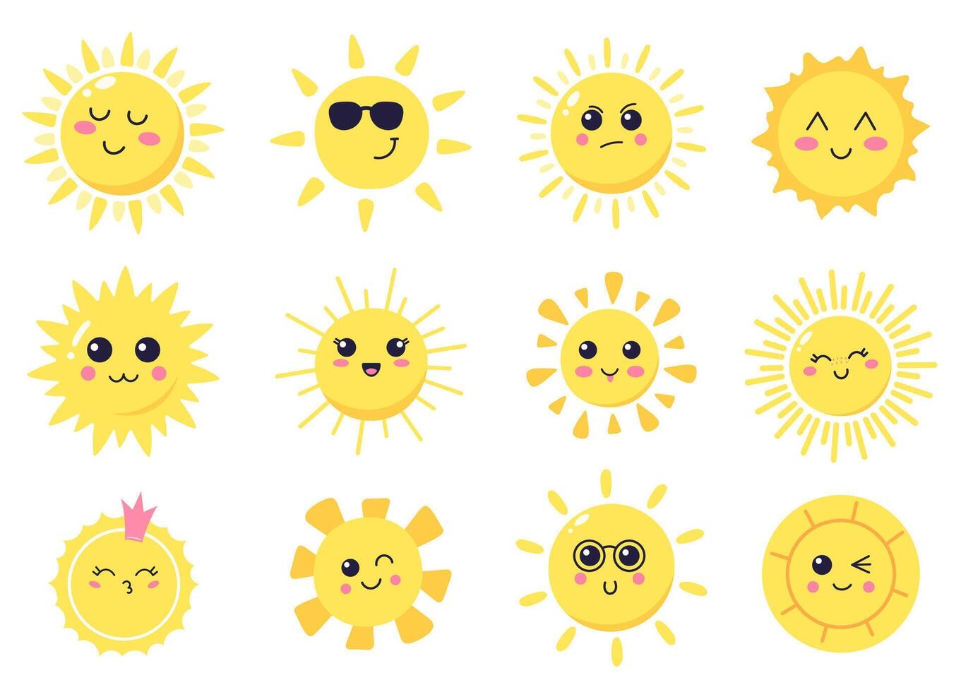 gelukkig tekenfilm zon. hand- getrokken schattig glimlachen zonnen, zonnig gelukkig karakters, schijnend helder zon vector illustratie symbolen reeks