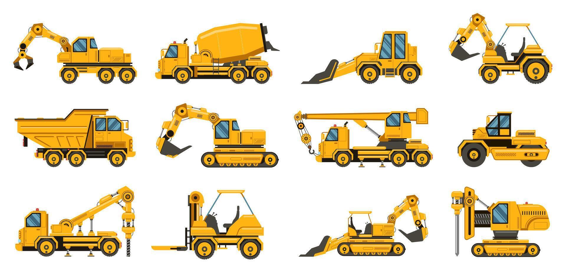 bouw machines. zwaar weg uitrusting vrachtwagens, heftrucks en tractoren, uitgraving kraan vrachtauto geïsoleerd vector illustratie reeks