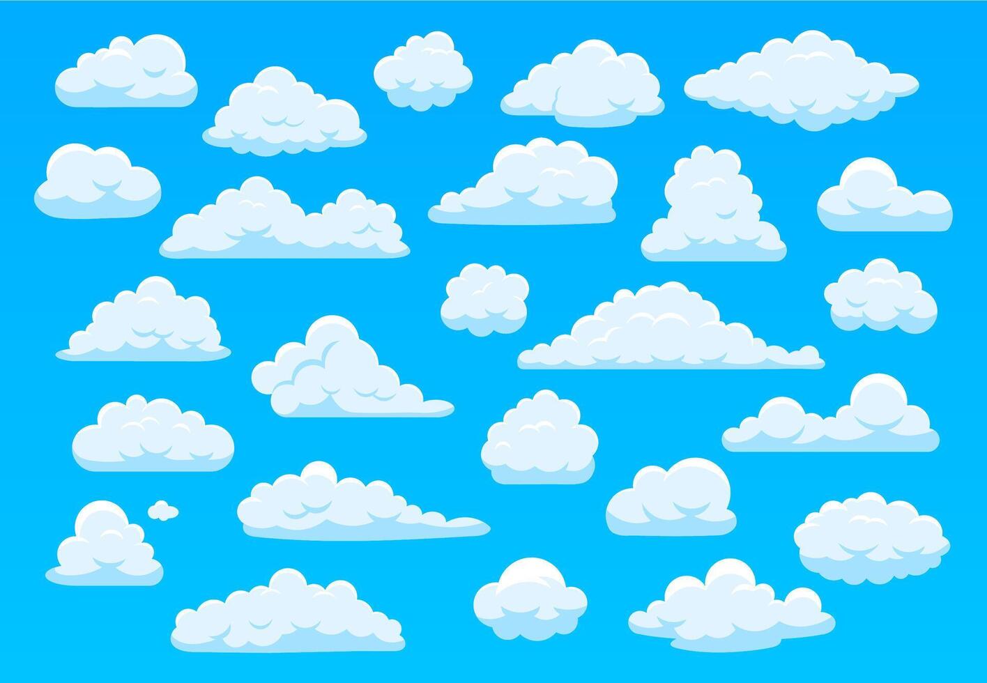 tekenfilm lucht wolken. pluizig wit wolken in blauw lucht, helder cloudscape weer sfeervol panorama. schattig wolken van verschillend vorm vector tekenfilm illustratie set. bewolkt de hemel, bewolkt lucht