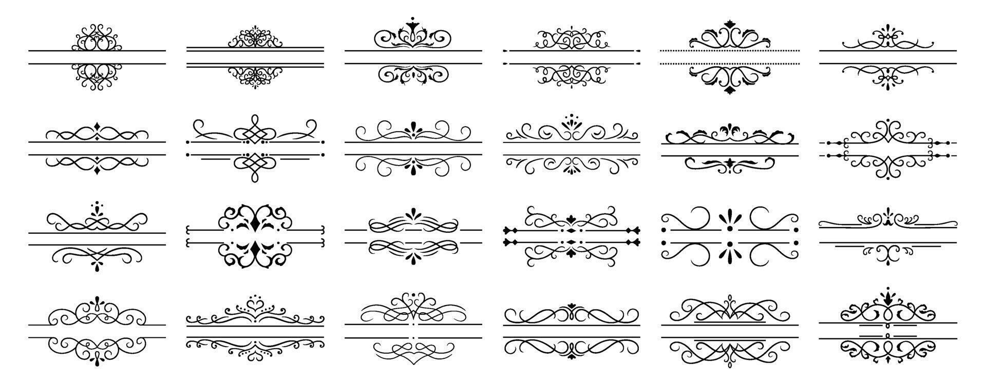 kalligrafische verdelers. decoratief retro bladzijde verdeler grenzen, bruiloft kalligrafische kader en sier- wervelingen bloemen kaders wijnoogst vector geïsoleerd pictogrammen reeks