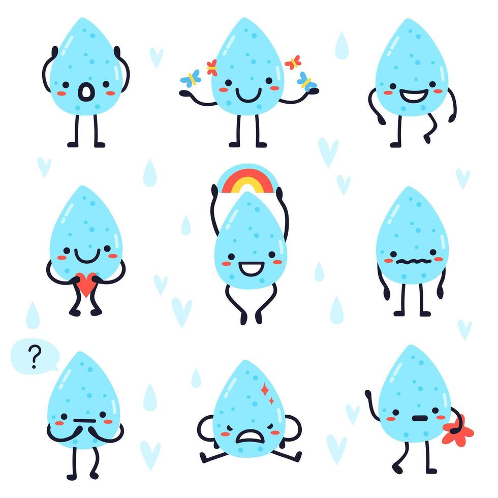 schattig water druppels. hand- getrokken gelukkig water druppels, regendruppels, kawaii aqua druppels, water druppels gezicht uitdrukkingen karakter vector illustratie reeks