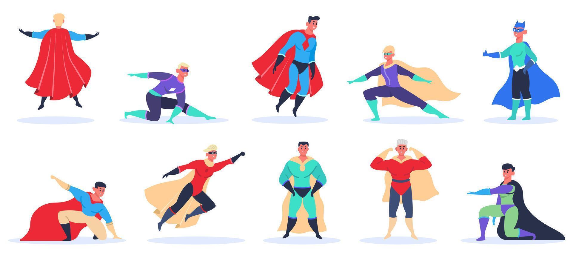 mannetje superheld karakters. gespierd knap superman in superhelden kostuum, vliegend en staand in actie houding geïsoleerd vector illustratie reeks