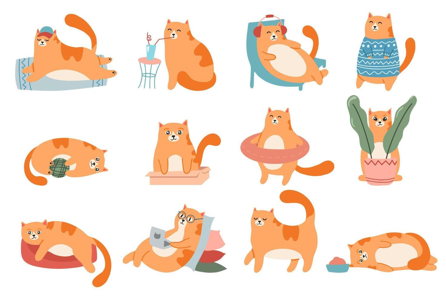 schattig katten. kat in doos, aanbiddelijk rood pot slapen en dik kat in vacht trui vector illustratie set. huiselijk dier levensstijl. grappig huisdier in bril werken Aan laptop, drinken cocktail stickers