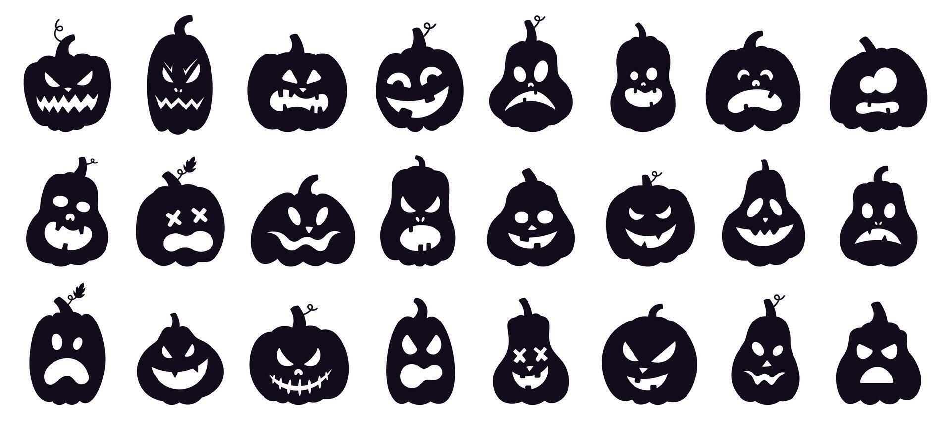 halloween pompoenen silhouet. eng spookachtig snijwerk pompoenen, griezelig glimlachen gezichten, herfst vakantie verschrikking decoratie vector illustratie reeks