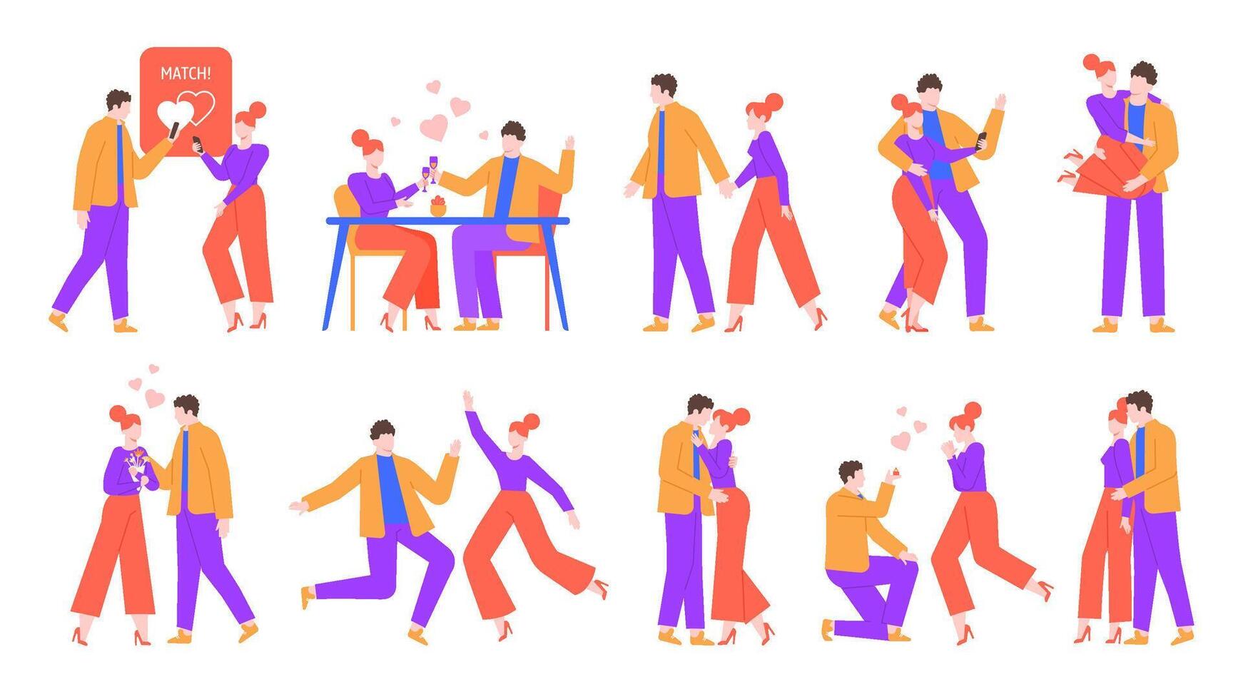 romantisch gelukkig paar. schattig vriendje en vriendin in liefde, perfect bij elkaar passen daten. vieren Valentijn dag, kusjes, knuffels en dansen paren vector illustratie reeks