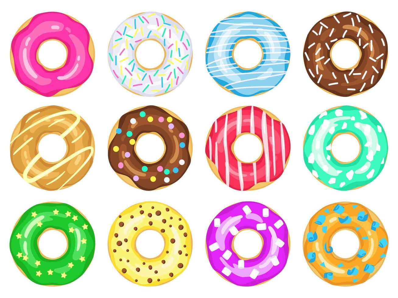 tekenfilm donuts. zoet glazuur en bestrooi donuts, chocola donut met suiker glazuur. heerlijk kleurrijk donuts vector illustratie reeks