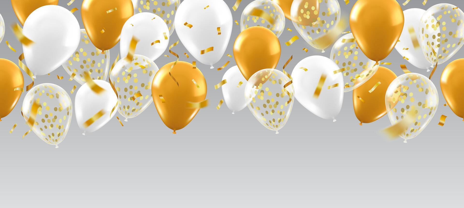 realistisch ballonnen spandoek. gouden schitteren ballon verjaardag partij poster, helium ballonnen, confetti en linten groet kaart vector illustratie