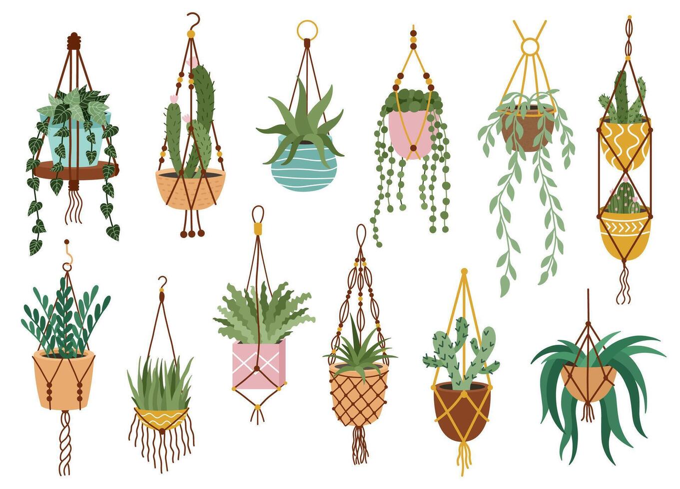 fabriek in hangende potten. kamerplant hangen Aan touw, decoratief binnen- planten, macrame bloem potten, huis ingemaakt planten vector illustratie pictogrammen reeks