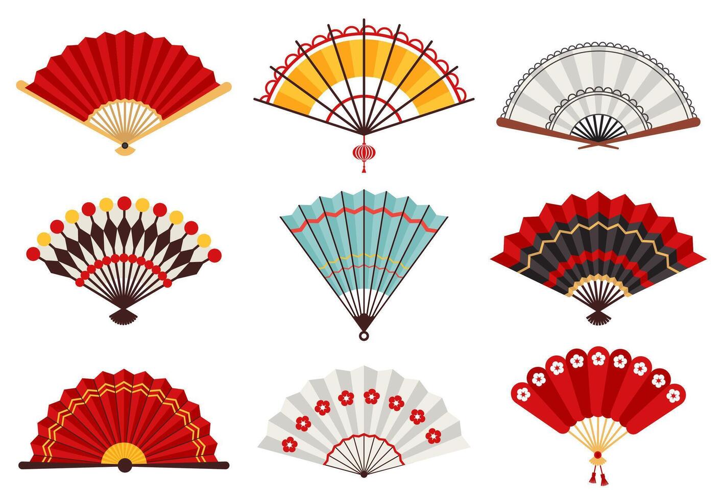 hand- papier fans. Aziatisch traditioneel vouwen hand- fan, Japans souvenir, houten Chinese hand- traditioneel fans vector illustratie pictogrammen reeks