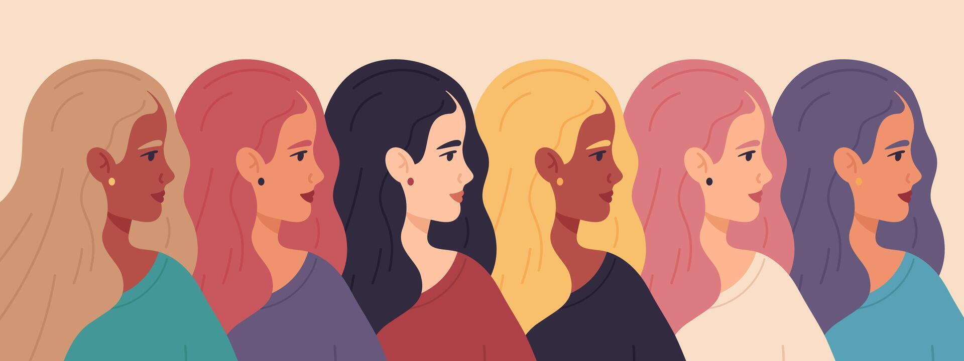 Internationale Dames dag. Dames profiel gezichten, vriendschap, zusterschap vrouwen dag concept. Dames empowerment beweging vector illustratie